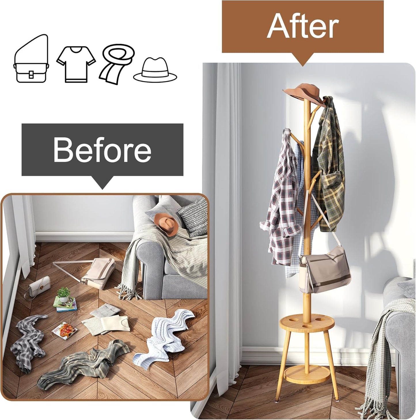 FILWH Freestanding Coat Rack with Umbrella Organizer Tray Bamboo Coat Tree Rack with 8 Hook Stand for Clothes Bag Hats Entryway Hanger Stand(Nature)