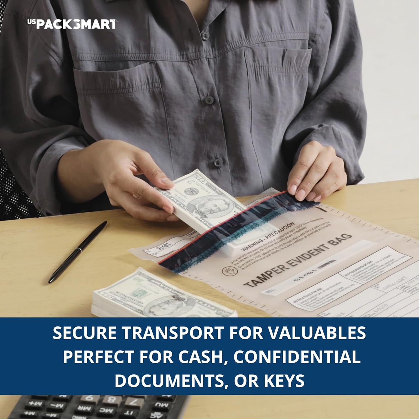 9”x12" Clear Plastic Deposit Bags with Security Tape Tamper Evident - Secure Bank Deposits, Cash Handling, & Currency Transport | Self-Sealing Tape with Hidden Graphics | 100-Pack