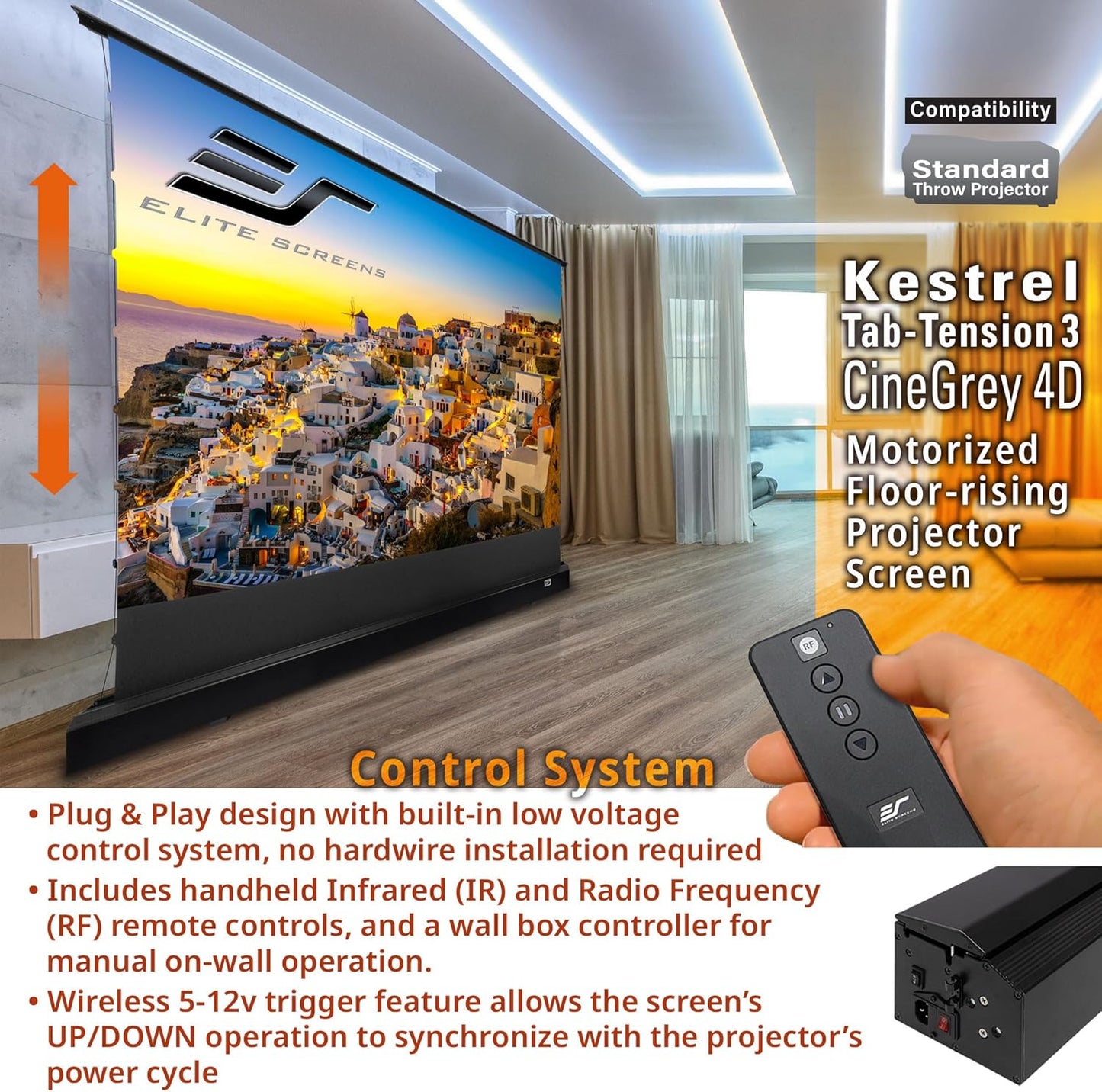 Elite Screens Kestrel Tab-Tension 3 CineGrey 4D, 150 inch 16:9, Standard Throw ISF Ceiling Ambient Light Rejecting (CLR/ALR) Electric Floor-Rising Projector Screen, Programmed Remote Kit, FTE150H3-C4D