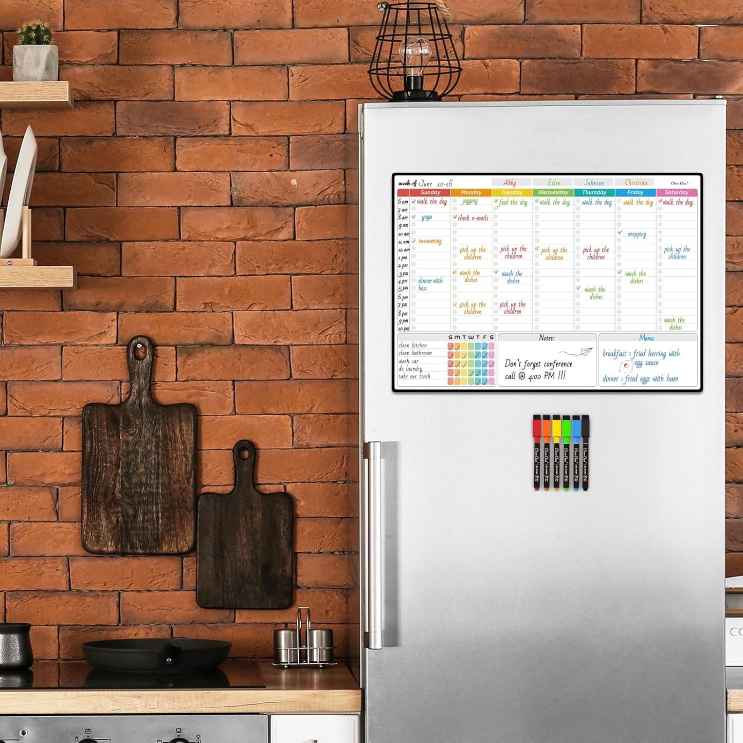 Magnetic Dry Erase Weekly Calendar for Fridge - Large 17"x12" Magnetic Weekly Planning Board with Hourly Time Slots - 6 Extra Fine Point Markers Included