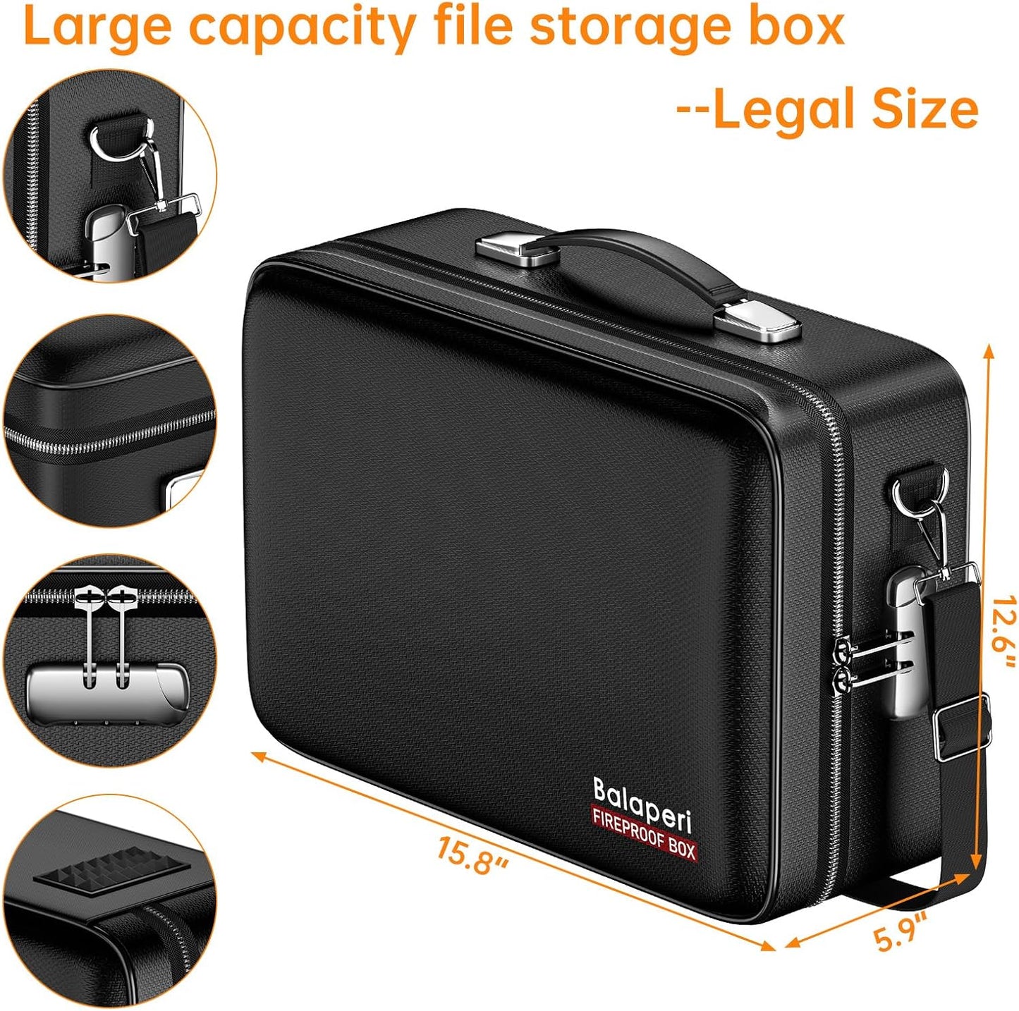 Fireproof Document Box with Fireproof Zipper,File Organizer Hard Case with Lock,Portable Document Safe for Important Document Laptop Valuables(Black,15.8"x5.9"x12.6")