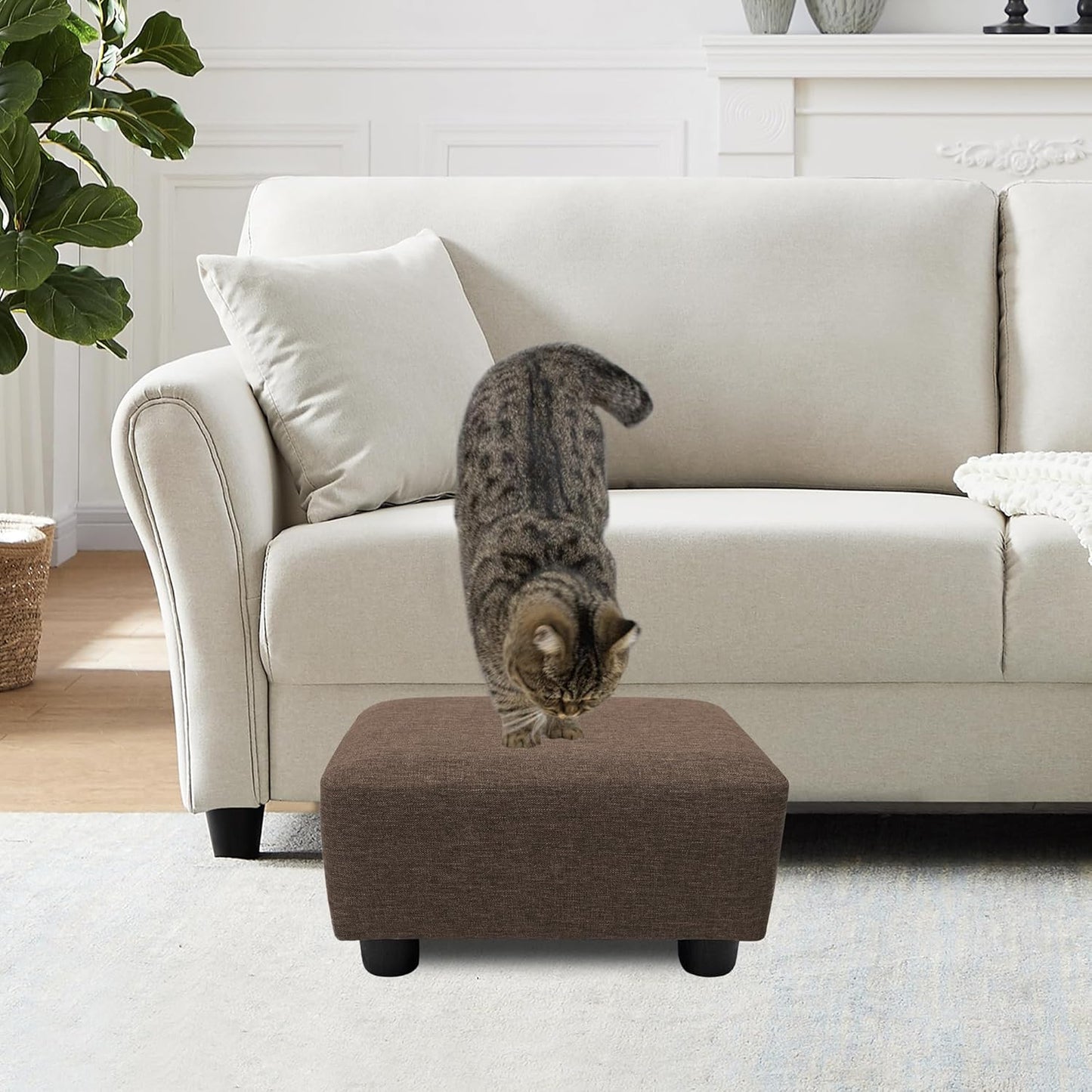 CAROLMADE Small Foot Stool Ottoman Footstool with Legs Under Desk Footrest for Living Room Bedroom and Office,Linen-Brown