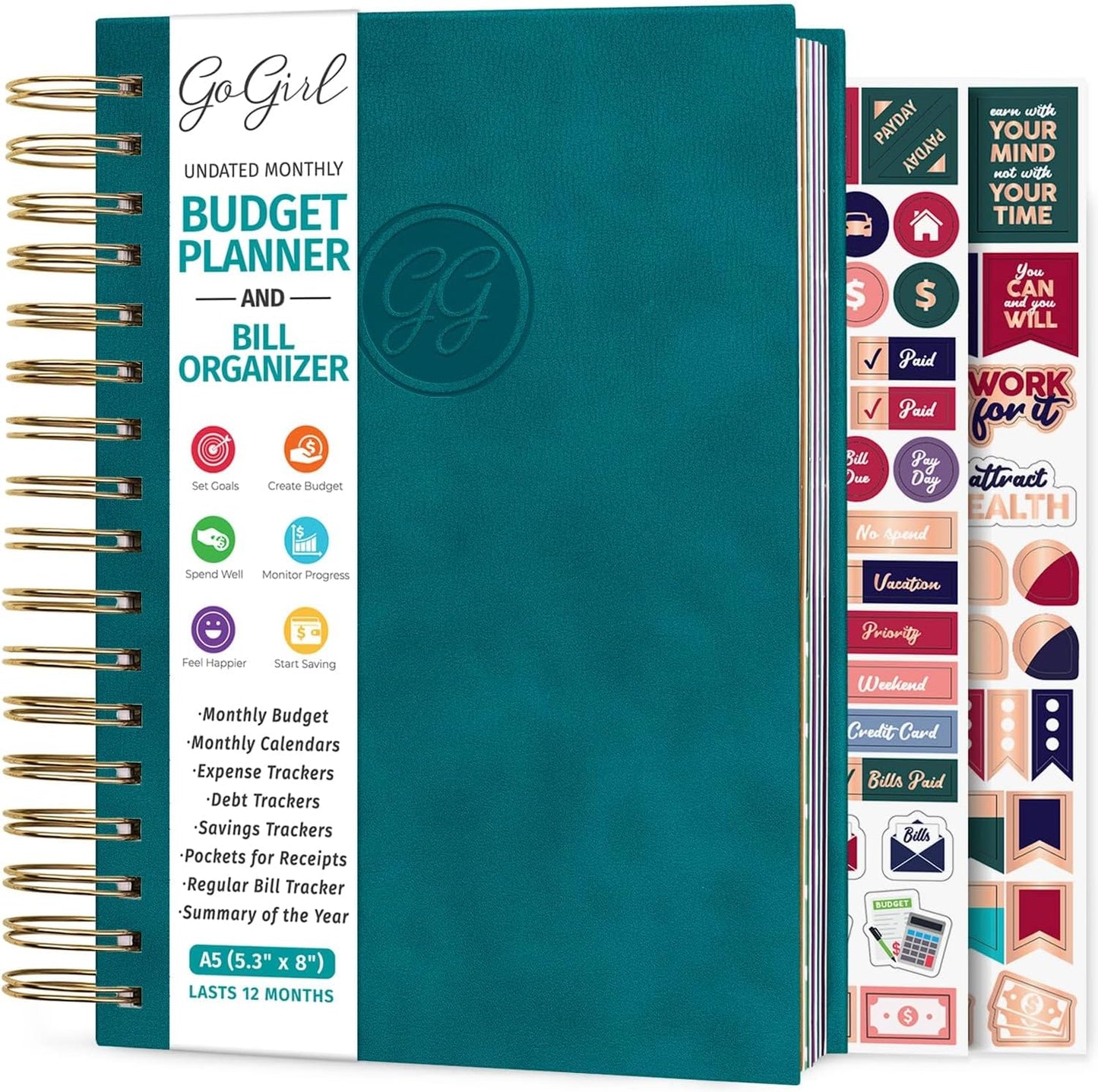 GoGirl Budget Planner & Monthly Bill Organizer – Monthly Financial Book with Pockets. Expense Tracker Notebook Journal, Compact (Dark Teal)