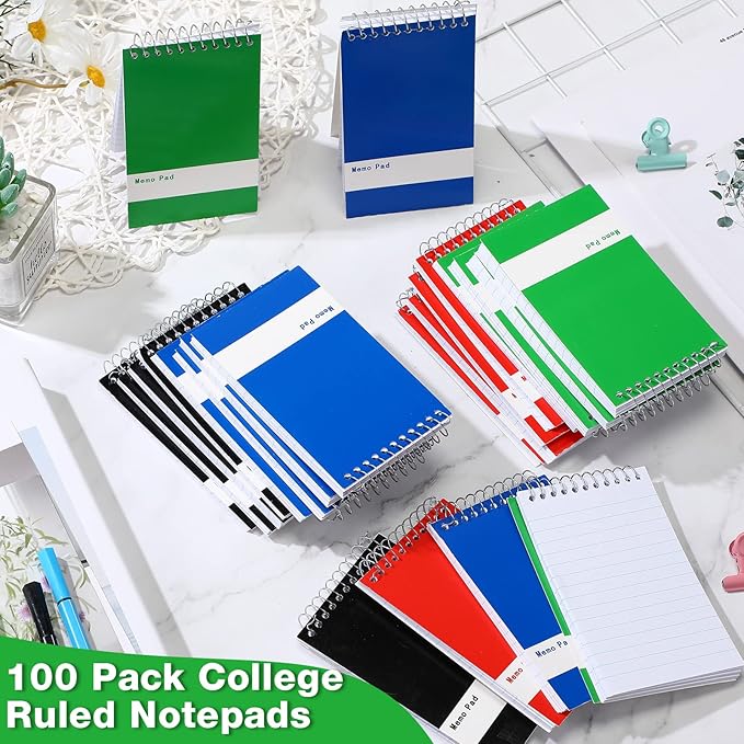 Thenshop 100 Pads Spiral Memo Bulk 3'' x 5'' Top Bound Memo Book 60 Sheets Small Mini Notebooks Lined Wire Bound Pocket Steno Book for Home, Office, School (Black,Green,Dark Blue,Red)