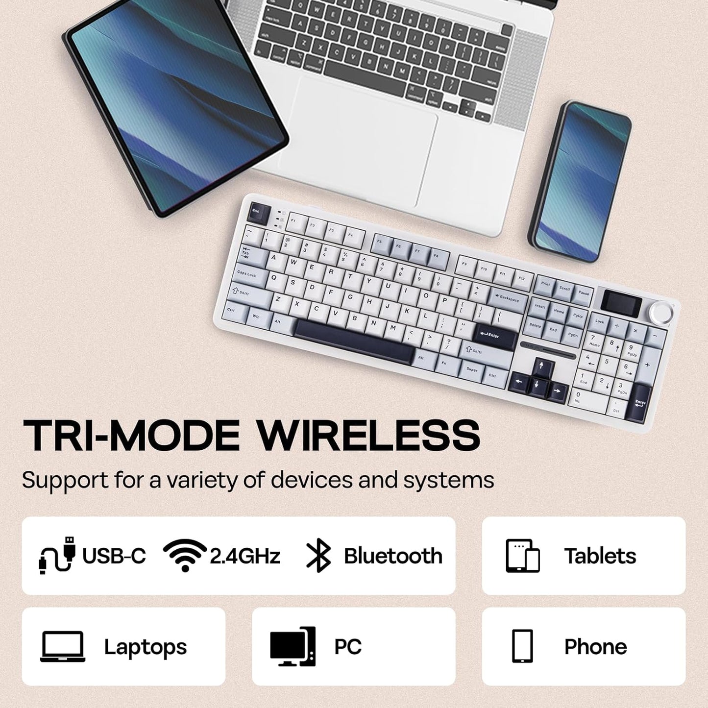 EPOMAKER X Aula F108 PRO Wireless Gaming Keyboard with Screen, 8000mAh Battery, 104 Hot-Swappable and Programmable Keys and Knob, RGB Backlight, for Mac/PC/Android (Blue&White)