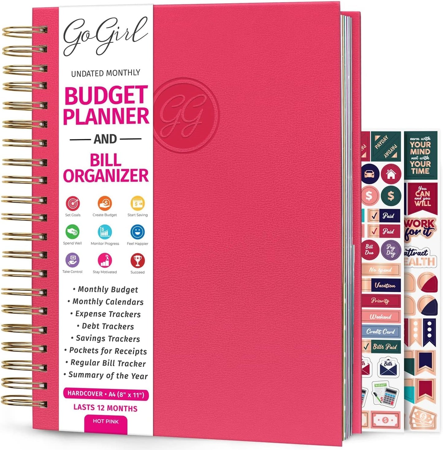 GoGirl Budget Planner & Monthly Bill Organizer – Monthly Financial Book with Pockets. Expense Tracker Notebook Journal, Large (Hot Pink)