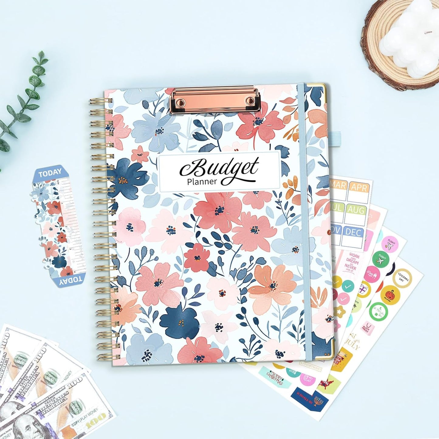 Ospelelf Undated Budget Planner with Clipboard Large Weekly Monthly Account Planners with Stickers 12 Months Productivity Aesthetic Journey Blue Floral