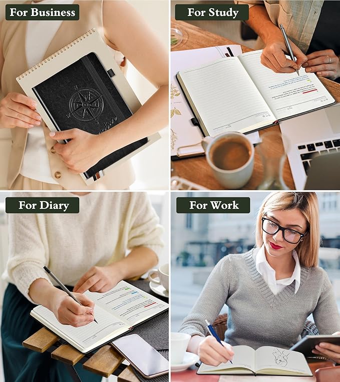 Lined Journal Notebook for Men Women, 160 Pages Ruled Paper, Inner Pocket, A5 Hardcover Vintage Leather Notebooks for Work, School, Travel Journaling, Daily Diary, Notepad 5.8" x 8.5" (Black)