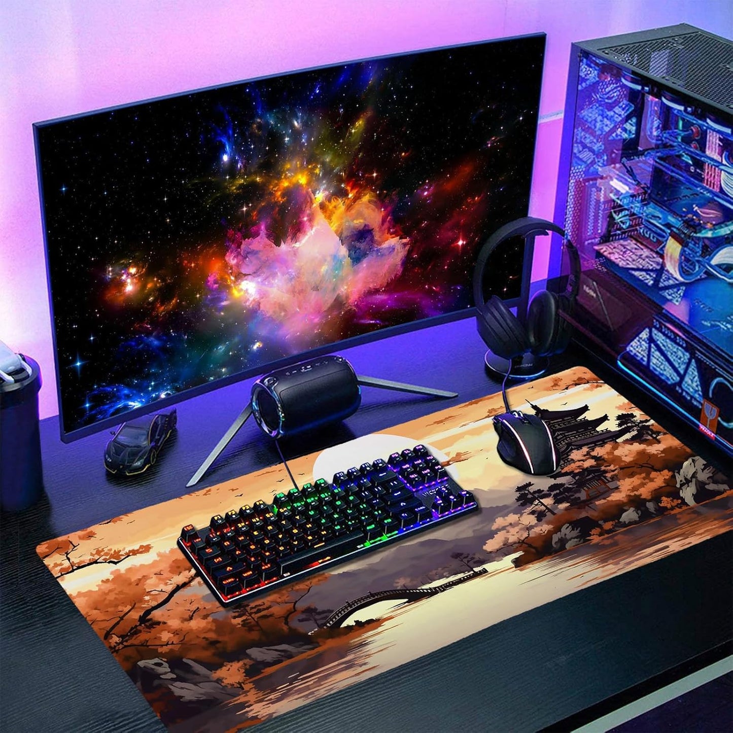 Orange Japanese Sakura Gaming Mouse Pad XXL Yellow Cherry Blossom Mountain Aesthetic Large Desk Mat Big Mousepad Non-Slip Rubber Base Stitched Edge Long Mousepad for Desktop Office, 35.4 x 15.7 in