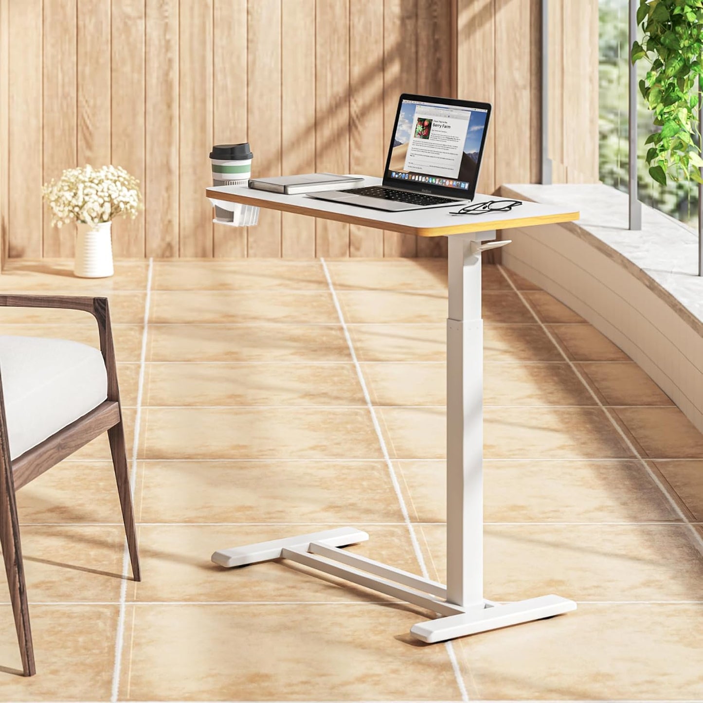 SANODESK Mobile Standing Desk with Hidden Wheels,Pneumatic Laptop Desk Rolling Computer Cart Movable Height Adjustable Small Sit Stand Desk for Home Office(27.6" W x 15.7" D, White+Maple Band)