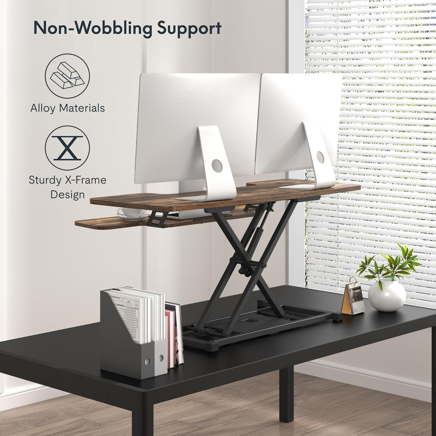 FLXISPOT 42-inch Standing Desk Converter, Sit to Stand Dual Monitor and Laptop Workstation with Wide Keyboard Tray, Rustic Color