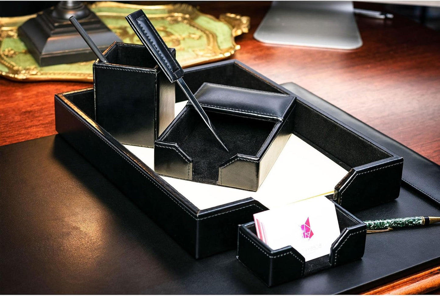 Dacasso 6 Piece Black Bonded Leather Luxury Desk Accessory Set - Desk Pad & Organization Essentials