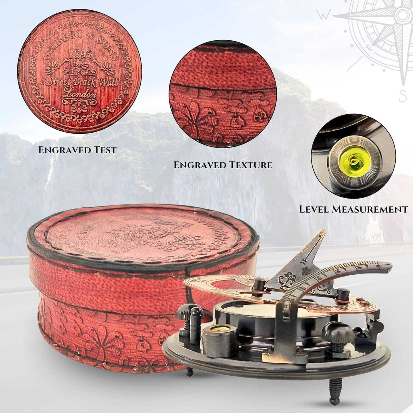 Antique Brass & Copper Sundial Compass, Sundial Clock in Box Gift Sun Clock Ship Replica Watch, Nautical Gifts for Men, Unique Nautical Decor, Naval Maritime Sundial (#5 Antique Gilbert)