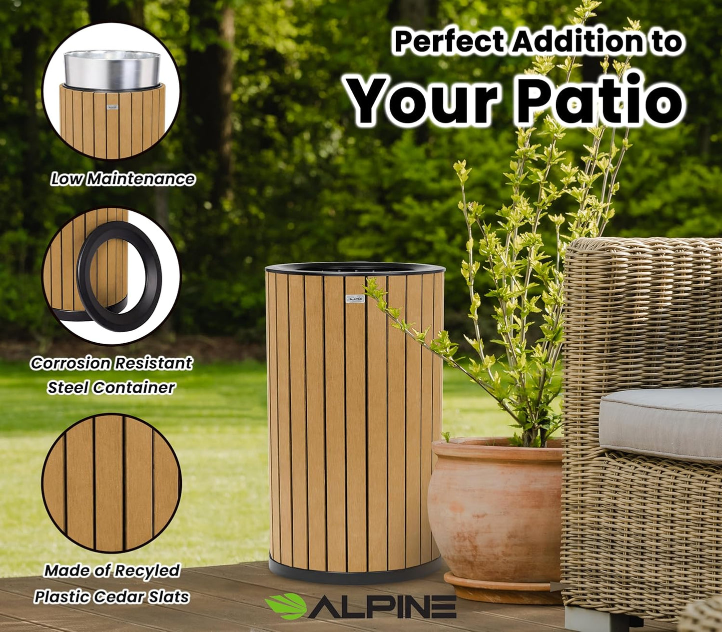 Alpine 32 Gallon Commercial Outdoor Trash Can - Heavy Duty Garbage Can Outdoor, Industrial Open Top Trash Can with Plastic Panels for Patio, Parks, Trails, Resorts (Flat Lid - Cedar)