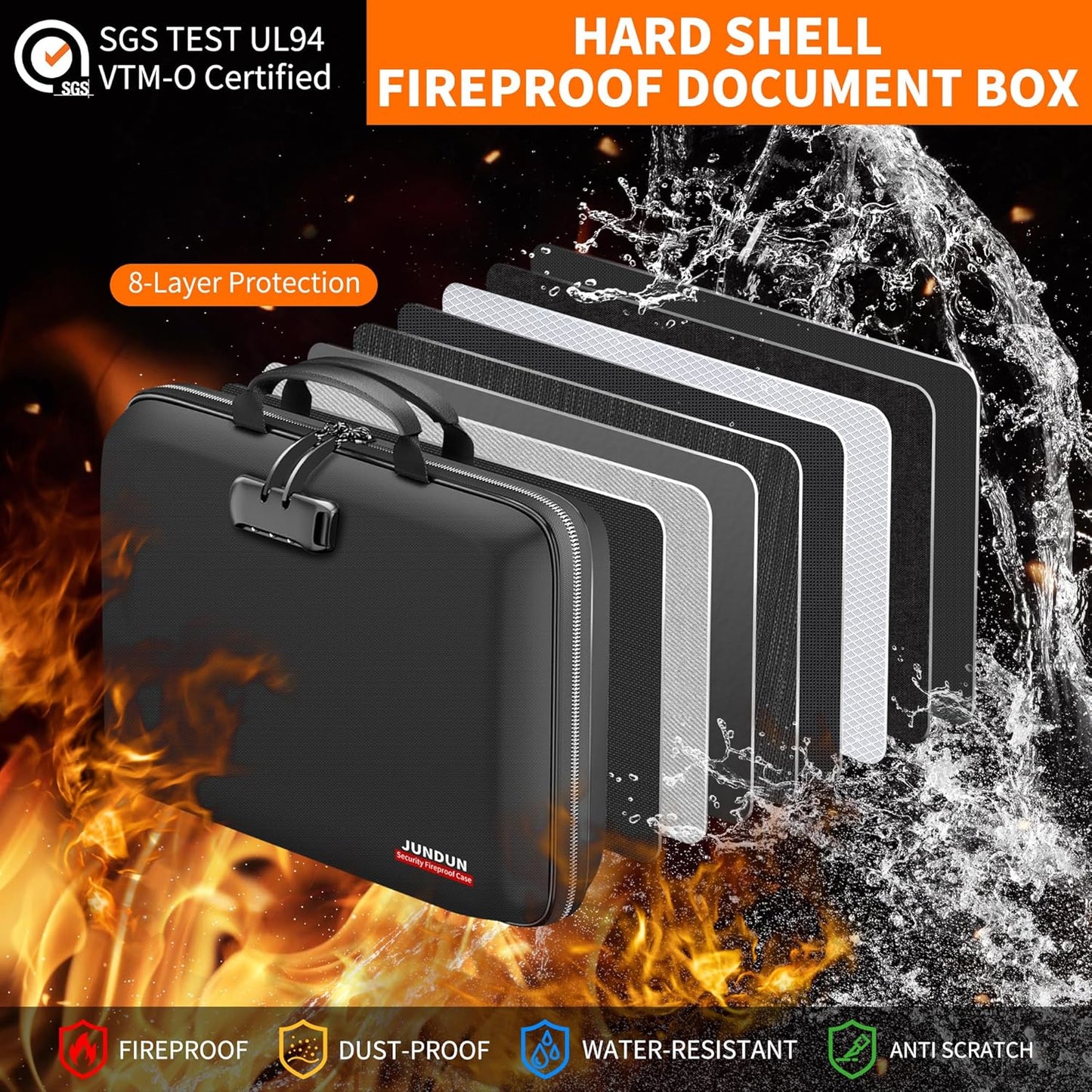 JUNDUN Fireproof Document Box with Lock & Shoulder Strap,Hard Shell Case Document Organizer with 13 Pockets Accordion File Organizer,Portable Home Office Travel Safe Storage for Files Laptop and More