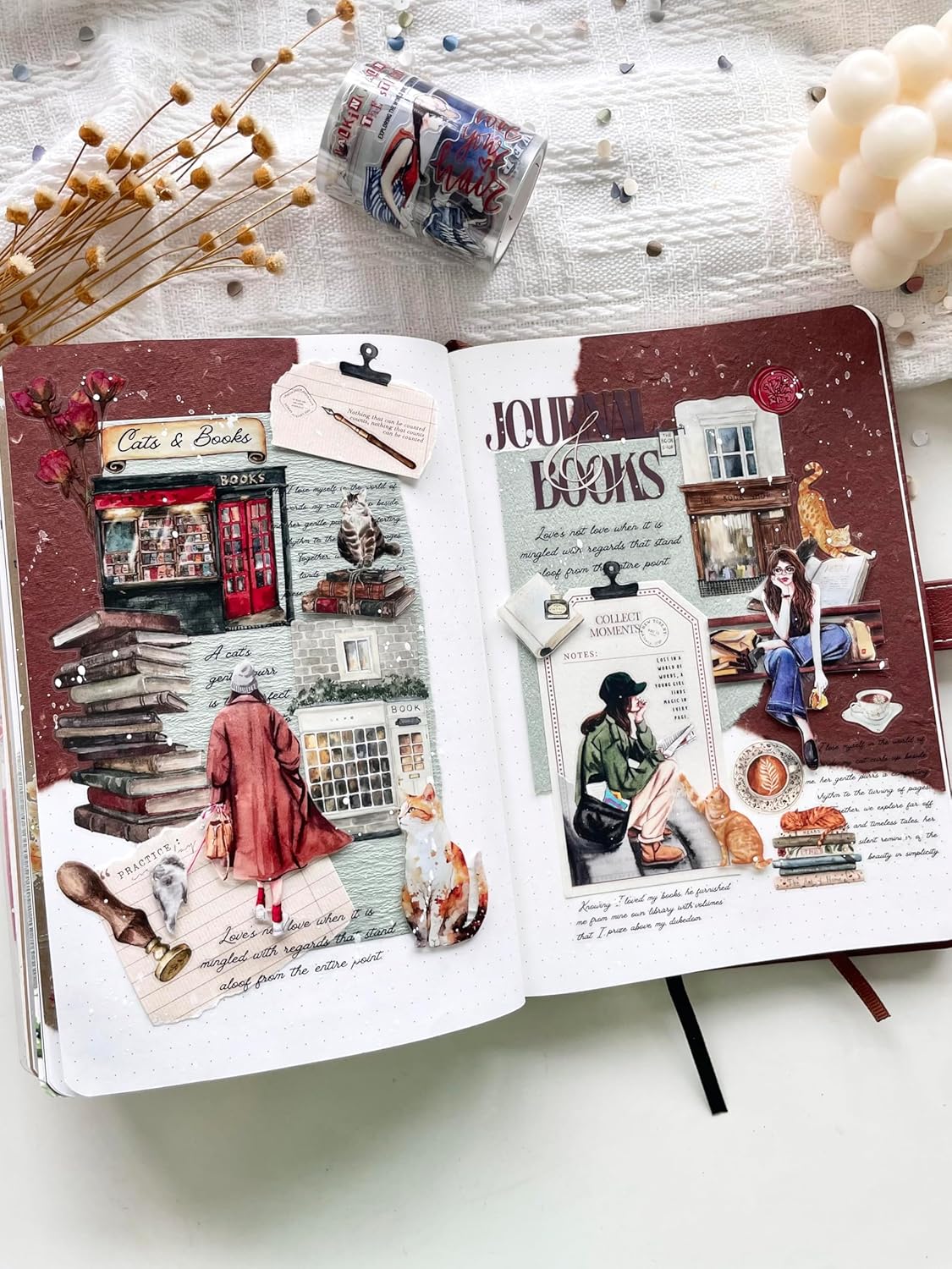 WT Pre-Cut Cats and Books Wide PET Tape, One Roll 5 Meters, Decorative Cute PET Tape for Bible Journaling, Bullet Journal Supplies,Scrapbooking Supplies,Planners, Party Decorations