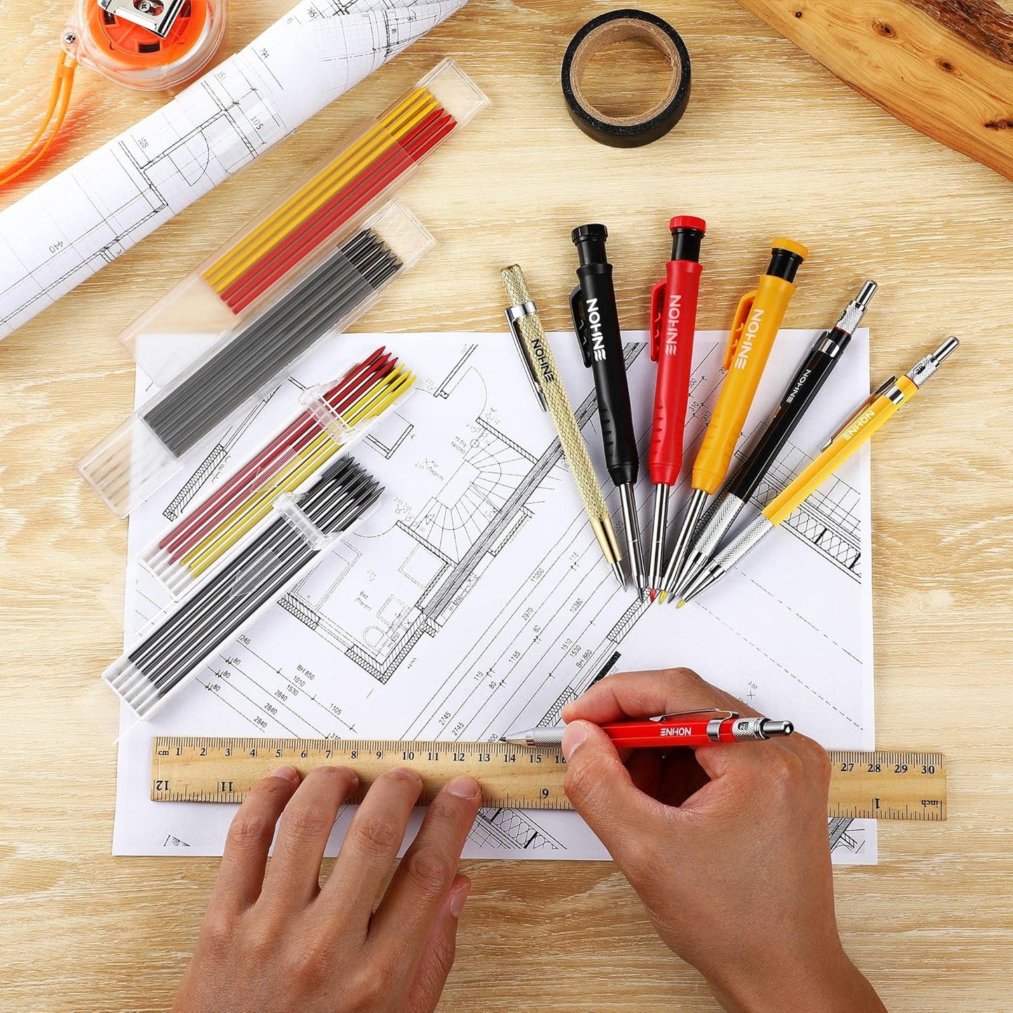 6 Pack Carpenter Pencil with Sharpener, Mechanical Carpenter Pencils with 36 Refills, Heavy Duty Construction Pencil Woodworking Tools for Architect Marking