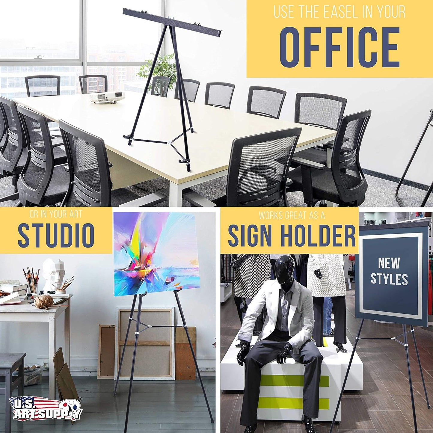 U.S. Art Supply 66" High Boardroom Black Aluminum Flip Chart Easel & Presentation Stand - Adjustable Floor/Tabletop, Portable Tripod, Holds 25 lbs., for Chart Paper, Poster Boards, & Pads