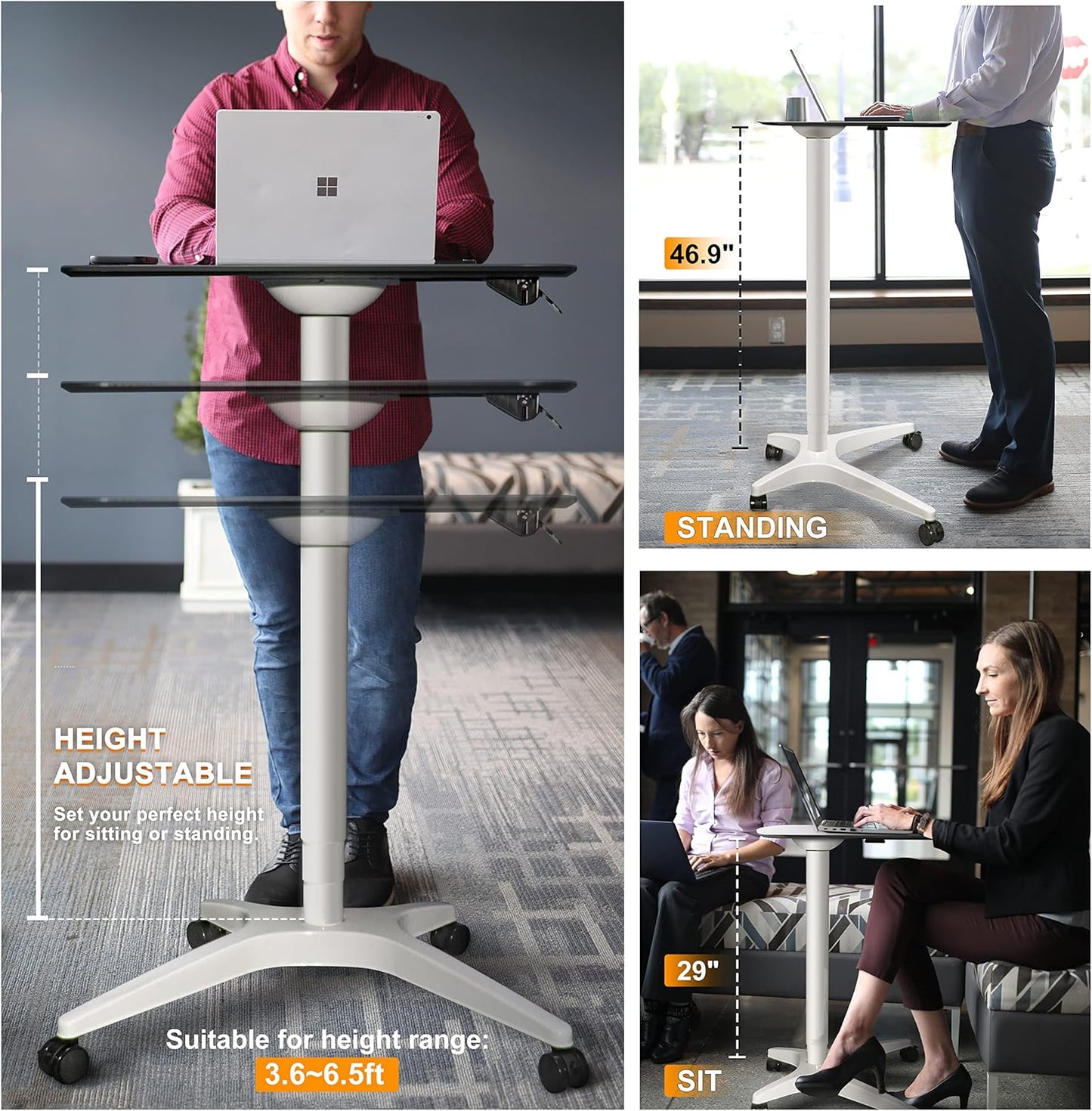 Pneumatic Adjustable Height Desk, Laptop Standing Desk, Rolling Sit-Stand Cart, Mobile Podium Portable Lectern for Home, Office& Classroom, 26" 19.3" Platform (29" to 46.9" H),White