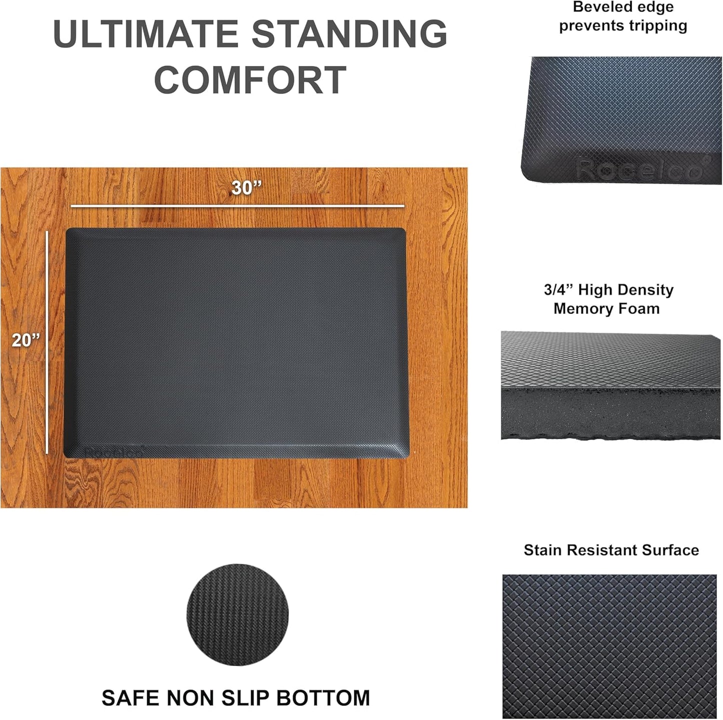 Rocelco 43" Height Adjustable Standing Desk Converter with Anti Fatigue Floor Mat - Tall Stand Up Tabletop Riser and Tablet Slot - Computer Workstation - Deep Keyboard Tray - Black (R VADRB-43-MAFM)