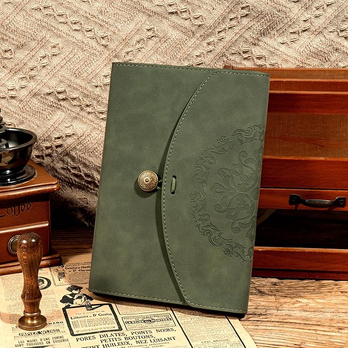 Vintage Leather Journal for Women Men, Junk Journal Notebook Soft Cover, Book of Shadows Journals for Travel Diary Scrapbook Sketchbook Journaling Writing, Green