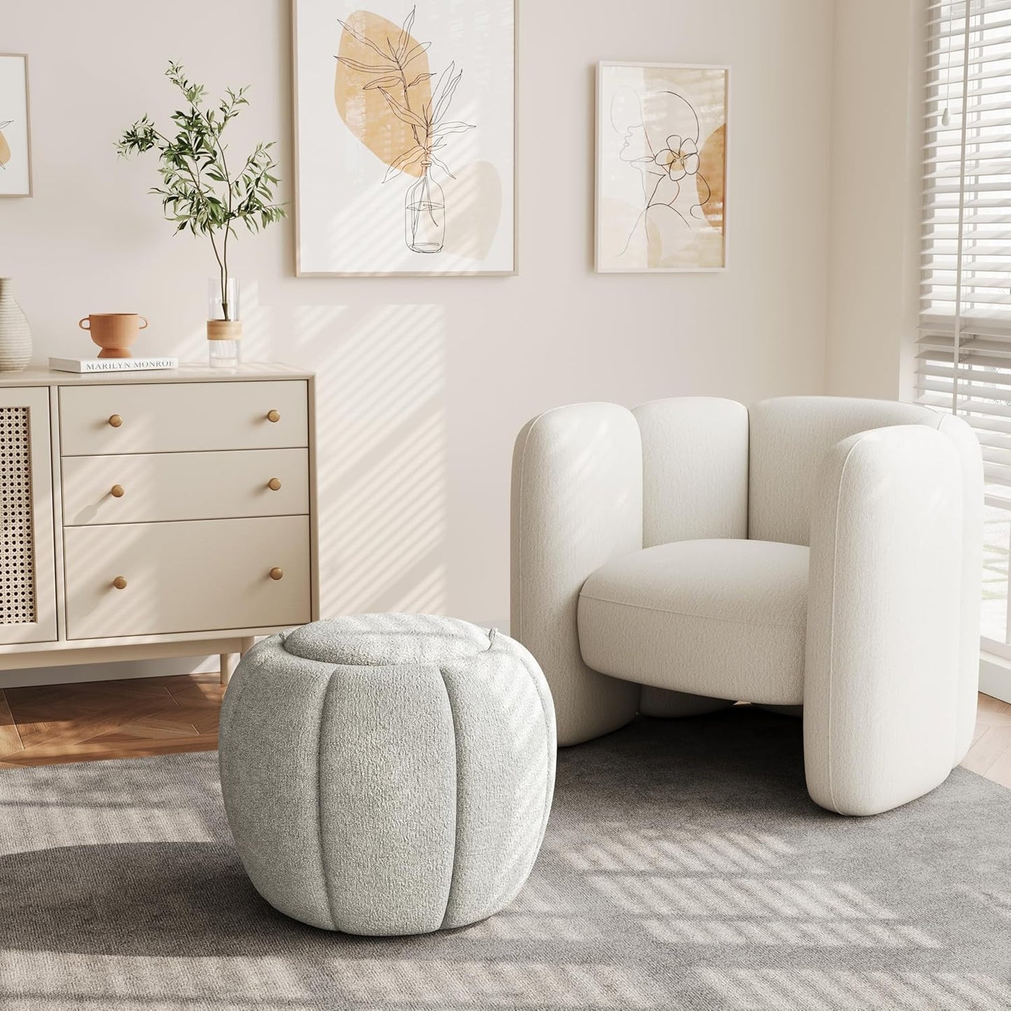 Storage Ottoman, Round Ottoman with Storage, Upholstered Soft Vanity Stool for Living Room, Foot Stool for Bedroom, Entryway (Light Gray)