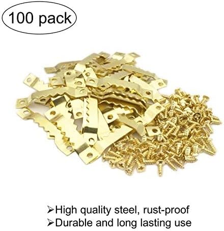 100 Pack Gold Small Sawtooth Picture Hangers Steel Picture Hangers Picture Frames Hangers with Screws Picture Hang Solutions, for Hanging Clock Paintings Artwork Picture Frame Hook Photos(Gold)