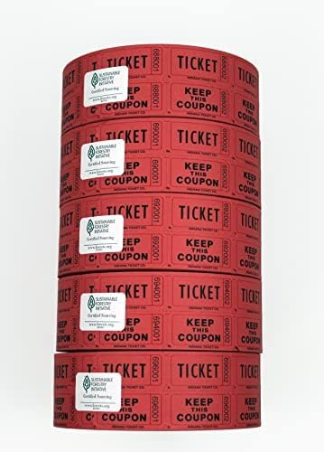 INDIANA TICKET CO. 10,000 Red CONSECUTIVELY Numbered Raffle Ticket Roll. 5 Rolls of 2,000, for Classroom Rewards, Events, Fundraisers, Door Entry, Raffles, Prizes, Drink/Food Tickets, & More