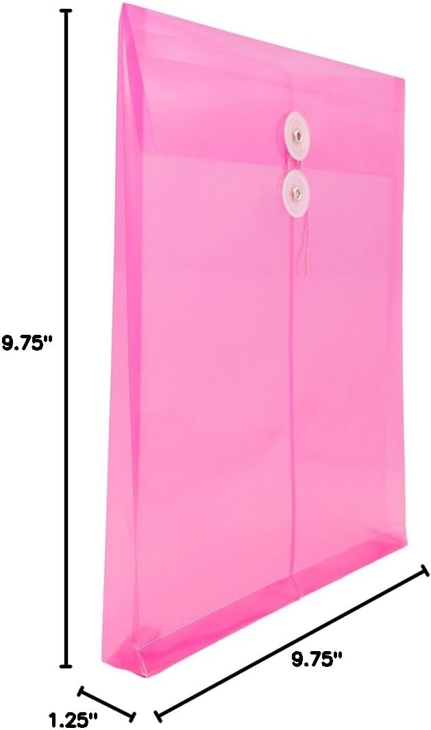 JAM PAPER Plastic Envelopes with Button & String Tie Closure - Letter Open End - 9 3/4 x 11 3/4 - Fuchsia - 12/Pack