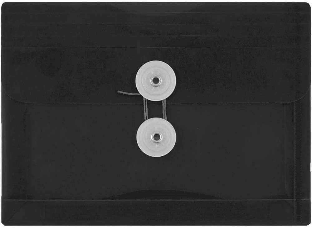JAM PAPER Plastic Booklet Envelopes with Button & String Tie Closure - Index Size - 5 1/2 x 7 1/2 - Black - 12/Pack