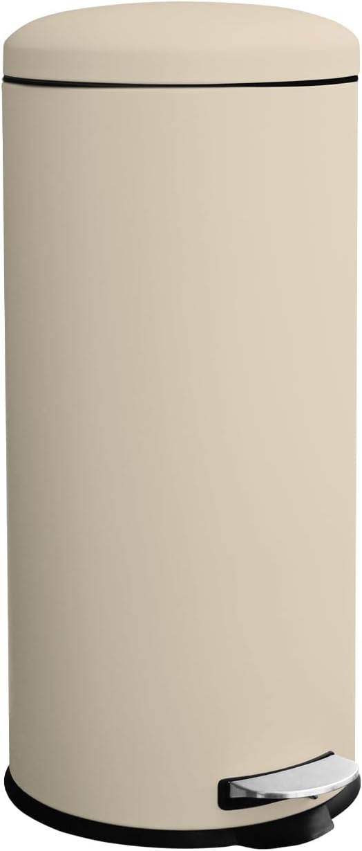 8 Gallon Trash Can, Tall Round Stainless Steel Garbage can with Removal Inner Liner, Soft Close lid, Step on Pedal Trash bin for Kitchen, Office, Living Room or Bathroom, Cream