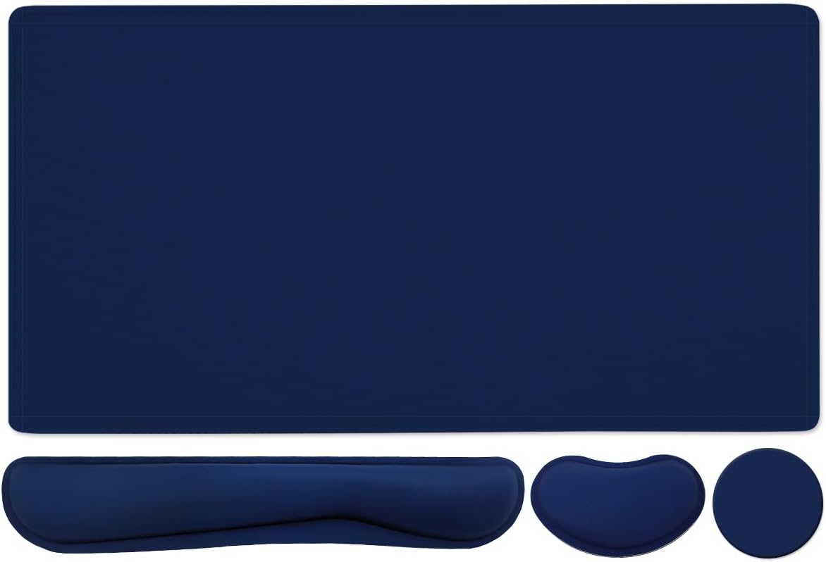 Large Keyboard Mouse Pad Set, Extended Mouse Pad+Keyboard Wrist Rest Support, Memory Foam Ergonomic Easy Typing, 4Pcs (35.4×15.13 in) Desk Pad Set for Home Office Study Game - Dark Blue