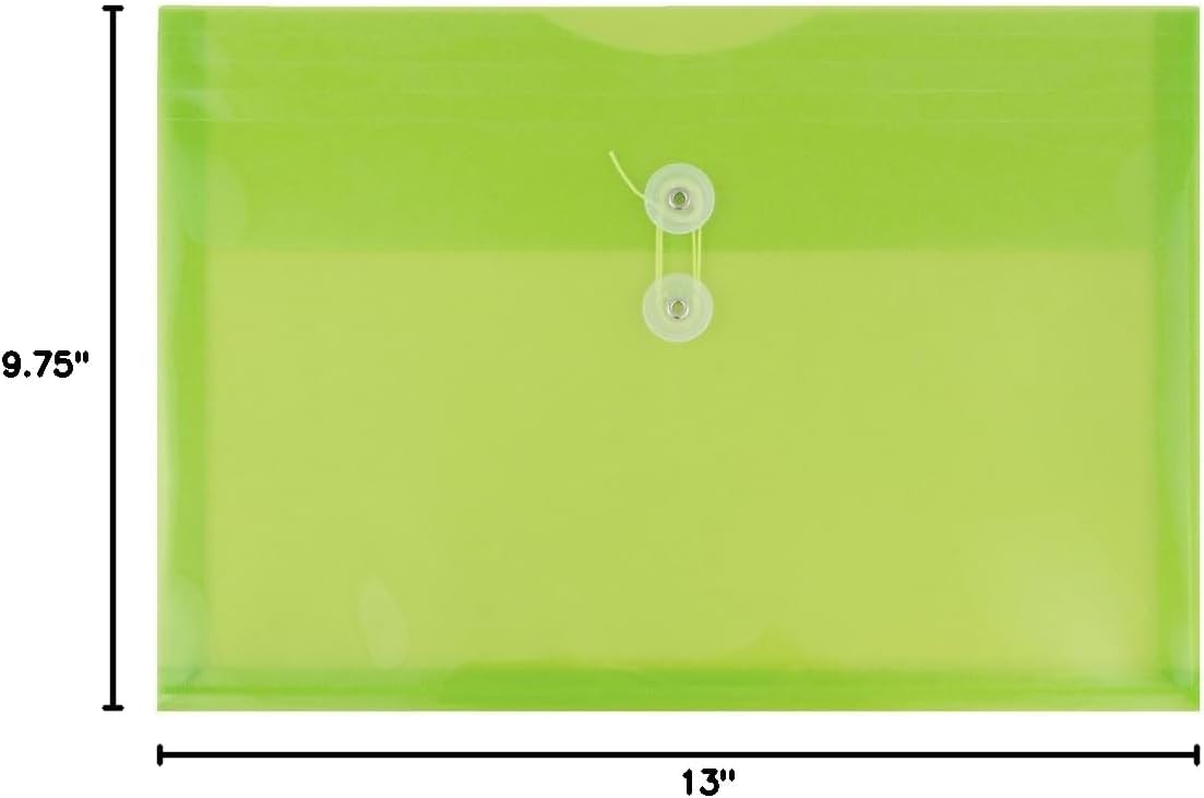 JAM PAPER Plastic Envelopes with Button & String Tie Closure - Letter Booklet - 9 3/4 x 13 - Lime Green - 12/Pack