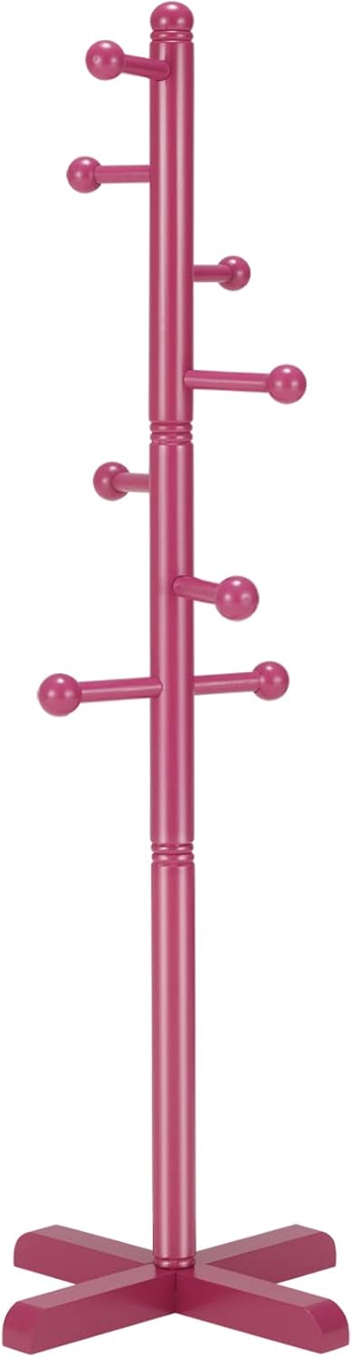 Kids Coat Rack, Freestanding Coat Racks with 8 Hooks 2 Adjustable Height, Tree Coat Rack for Bedroom, Hallway, Entrance, Office, Hats, Handbags,Purse (Dark-Rose)