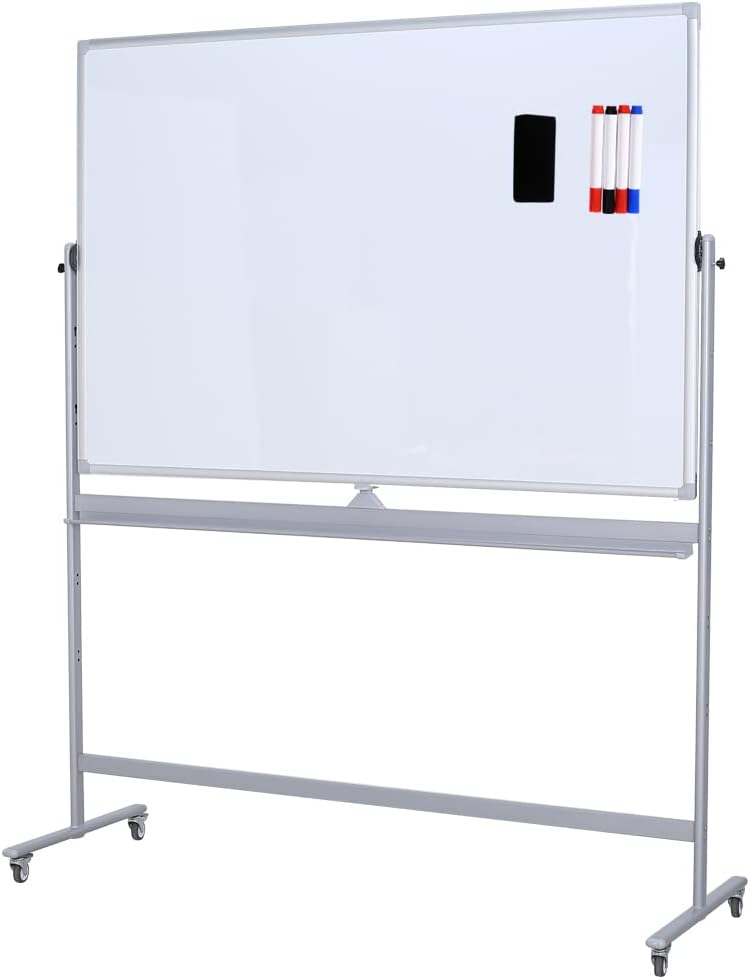 Large Double Sided Whiteboard 72x40 inches on Wheels - Height Adjustable Mobile Magnetic Dry Erase Board with Rolling Stand for Office Meetings, Classroom Teaching, Home, Silver Frame