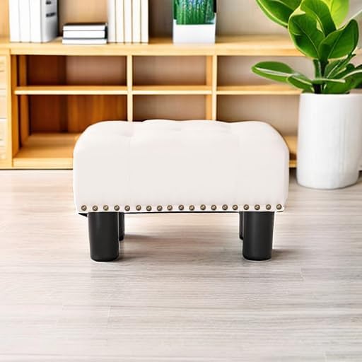 LUE BONA Small Tufted Foot Stool, Beige Rivet Fabric Ottoman with Plastic Legs, 9''H, Rectangle Footstool for Adult with Non-Slip Pads, Sofa Foot Rest for Living Room, Couch