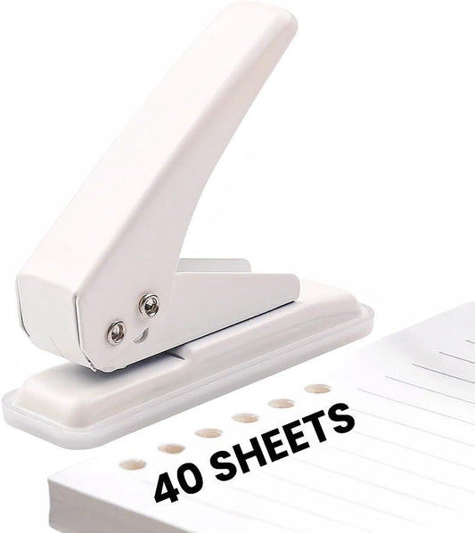 Single Hole Punch, 40 Sheets Punch Capacity Hole Puncher Heavy Duty Hole Puncher Single Small Hole Punch One Hole Puncher for Crafts Paper Cards Tags Scrapbook-1/4 inch Hole, White