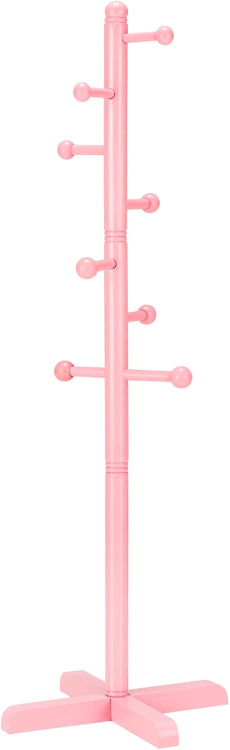 Kids Coat Rack, Freestanding Coat Racks with 8 Hooks 2 Adjustable Height, Tree Coat Rack for Bedroom, Hallway, Entrance, Office, Hats, Handbags,Purse (Pink)