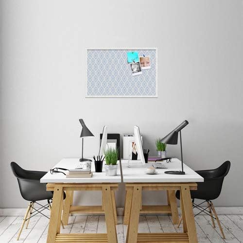 PinPix 36x24 inch Cork Bulletin Board. This Decorative Framed Pin Board Comes with Ikat Light Blue Design and Satin White Frame. Ideal for Home, Office Decor or School (PinPix-1633)