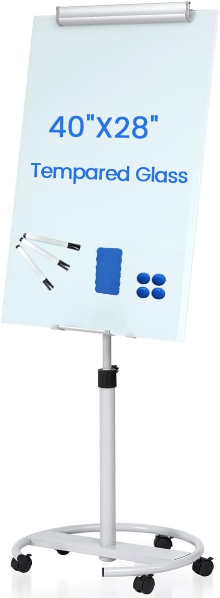 Rolling Writeboard Premium Tempered Magnetic Glass Whiteboard 40"x28" Rolling Dry Erase Board with Tempered Glass Surface Adjustable Height Multi-Use Standing (White)