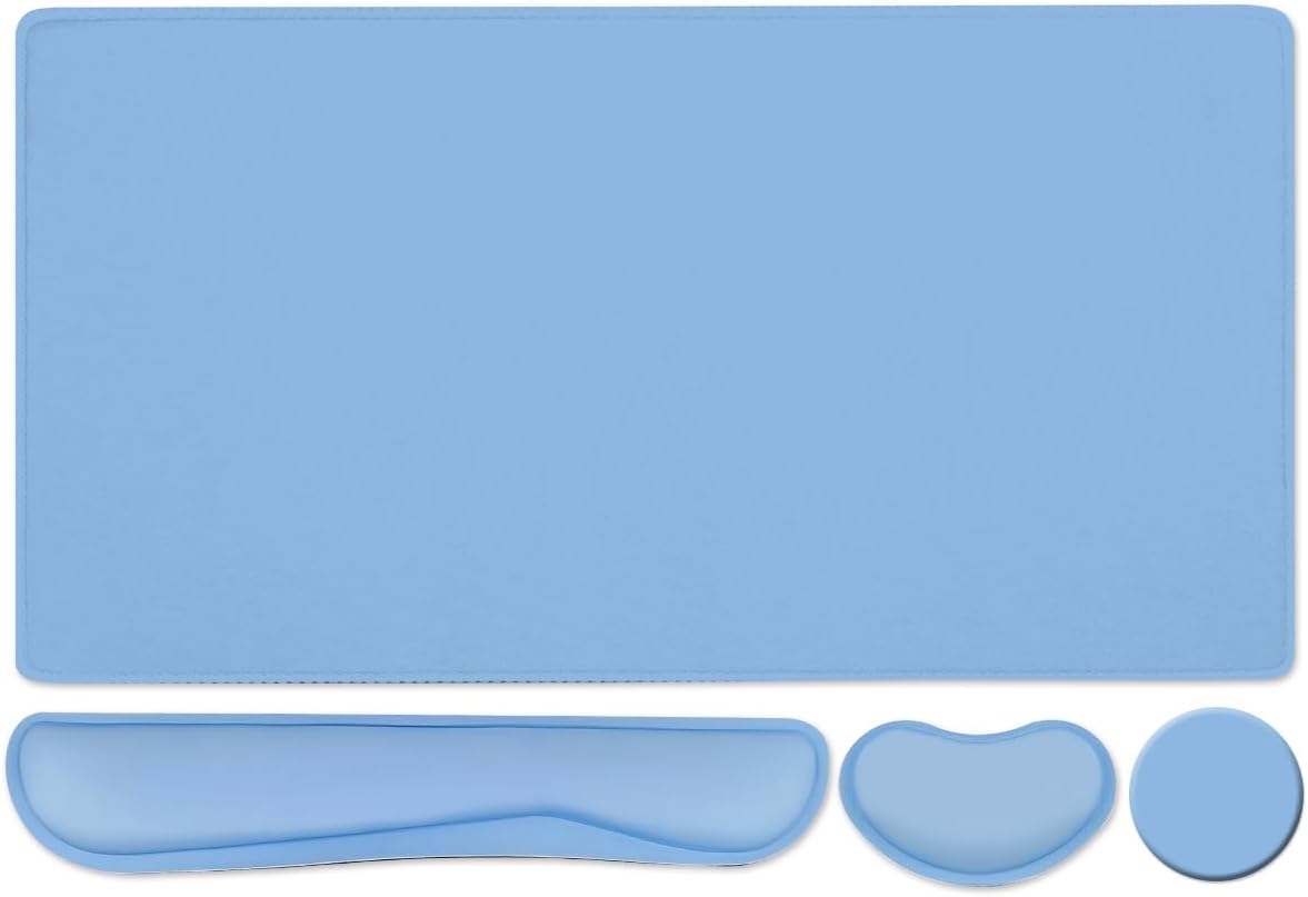 Large Keyboard Mouse Pad Set, Extended Mouse Pad+Keyboard Wrist Rest Support, Memory Foam Ergonomic Easy Typing, 4Pcs (35.4×15.14 in) Desk Pad Set for Home Office Study Game - Blue