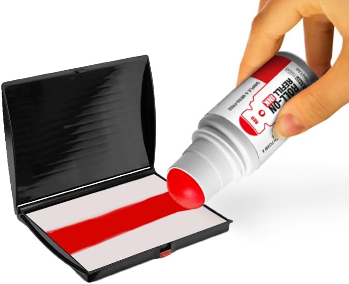 Roll-On Stamp Pad Ink Refill 50ml/1.7oz – Self Inking, Foam & Felt Pads – Easy-Use Roller Ball Applicator (RED)