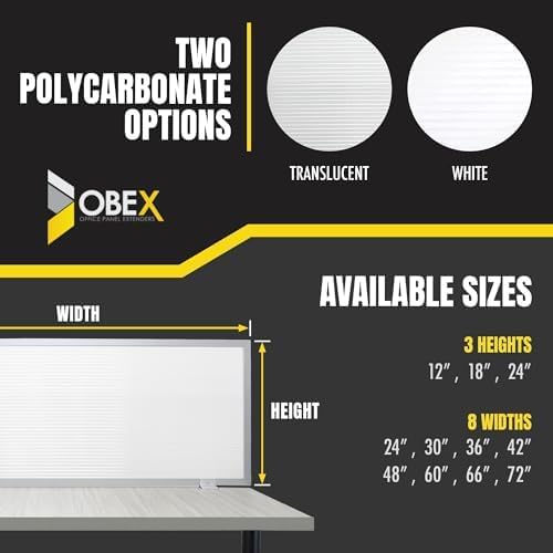 OBEX Polycarbonate Office Desk Mounted Privacy Screen Adjustable Table Top Panel Divider, Universal Aluminum Bracket-USA Made, 18" x 72", White