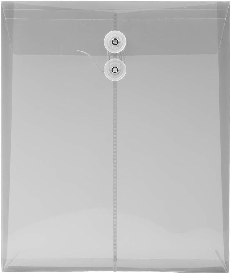 JAM PAPER Plastic Envelopes with Button & String Tie Closure - Letter Open End - 9 3/4 x 11 3/4 - Smoke Gray - 12/Pack