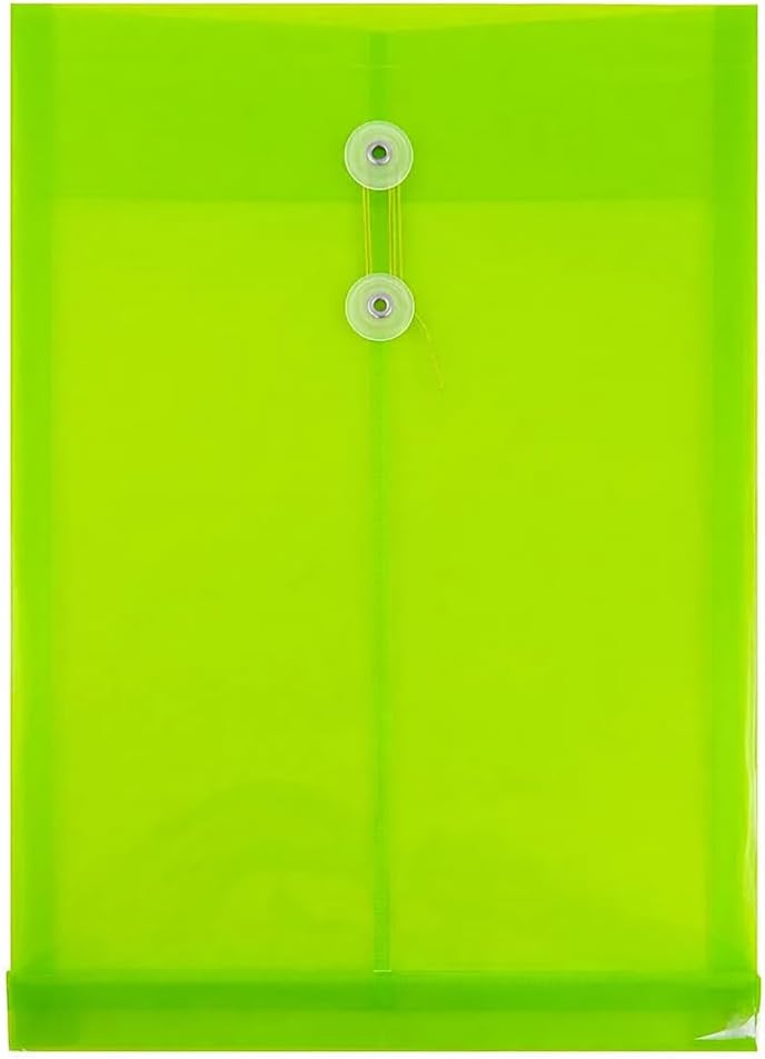 JAM PAPER Plastic Envelopes with Button & String Tie Closure - Legal Open End - 9 3/4 x 14 1/2 - Lime Green - 12/Pack