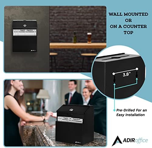 Adir Suggestion Box with Lock - Metal Donation Fundraising Ballot Prayer Box with 55 Free Suggestion Forms Cards & 2 Keys (Wall Mounted - Black)