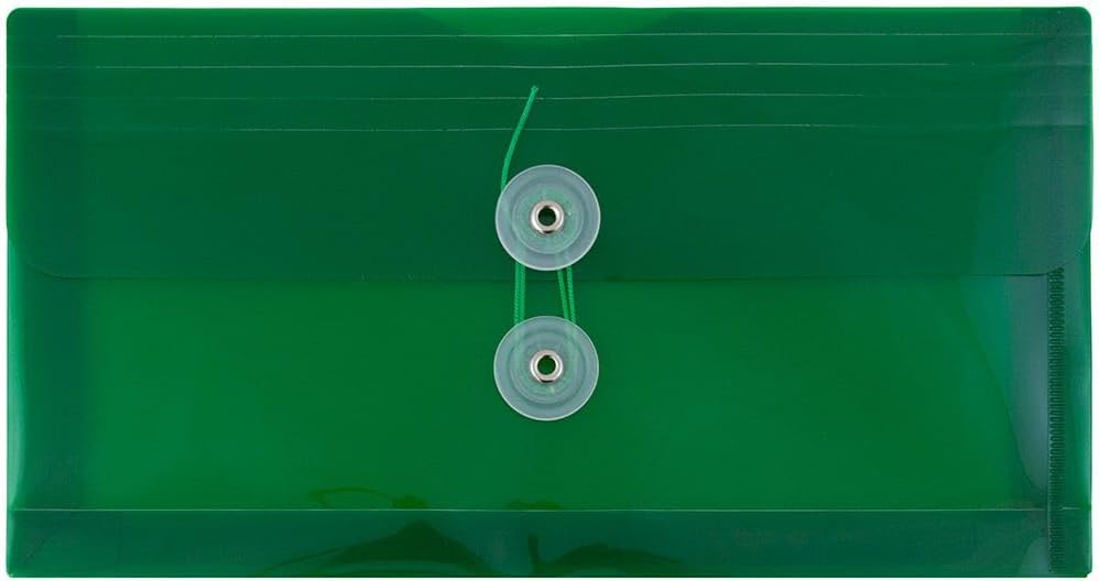 JAM PAPER Plastic Envelopes with Button & String Tie Closure - #10 Business Booklet - 5 1/4 x 10 - Green - 3/pack