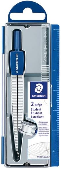 STAEDTLER Advanced Student Compass 2 Piece Set - Metal Compass with Quick-Set Center Wheel, Universal Adapter & Spare Lead, Draws Circles up to 10.25"