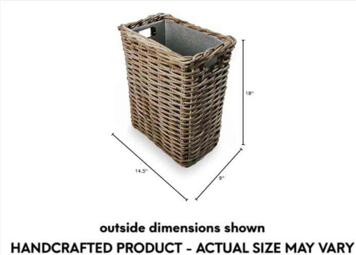The Basket Lady Large Rectangular Kubu Wicker Waste Basket with Metal Liner, 14.5 in L x 9 in W x 18 in H, Serene Grey