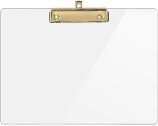 UNIQOOO Clear Acrylic Landscape Clipboard, Horizontal Clipboard with Shiny Gold Finish Clip for Student, Back to School Gift, Modern Arts Lover, Fashion Style Expert, Calligrapher, Office, 12.5x9 in